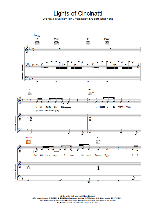 Scott Walker Lights of Cincinatti sheet music notes and chords arranged for Piano, Vocal & Guitar Chords