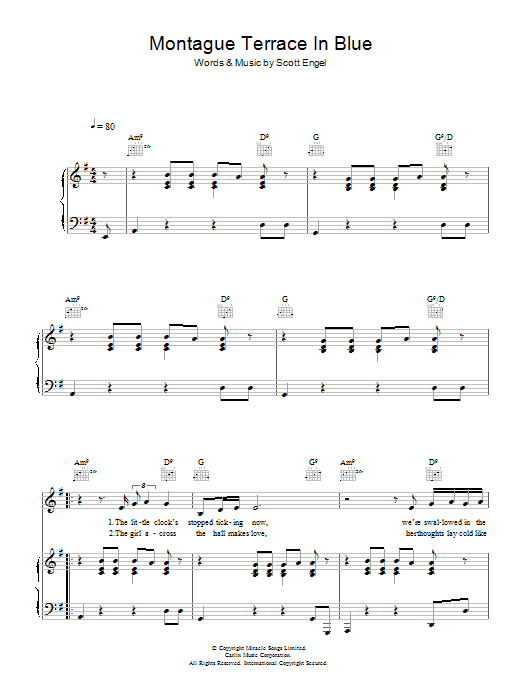 Learn to play Scott Walker Montague Terrace In Blue sheet music for Piano, Vocal & Guitar Chords in minutes. Price: 7.8900$ Scott Walker Montague Terrace In Blue sheet music notes and chords arranged for Piano, Vocal & Guitar Chords