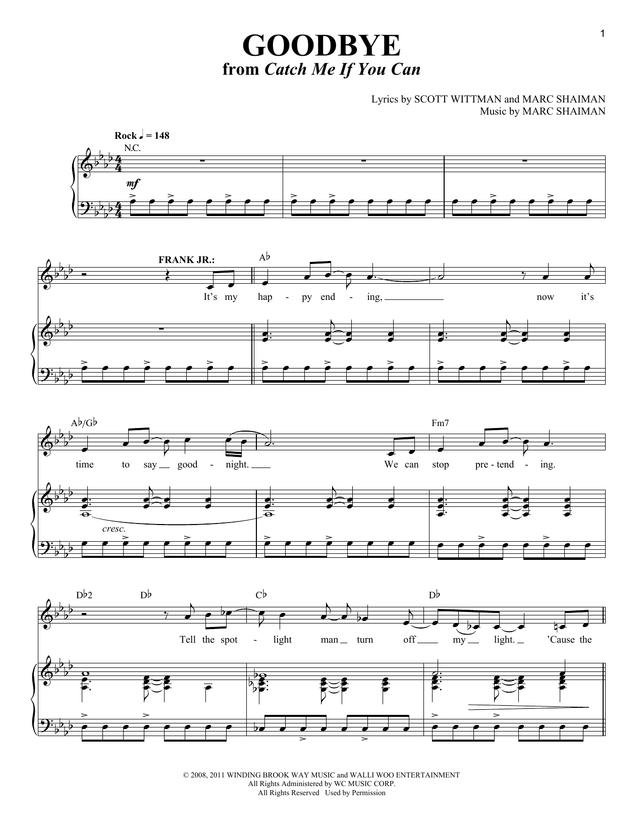 Scott Wittman and Marc Shaiman Goodbye (from Catch Me If You Can) sheet music notes and chords. Download Printable PDF.