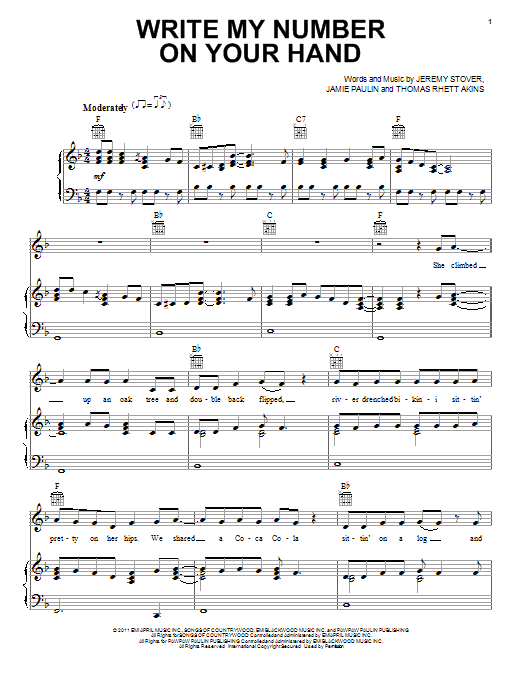 Learn to play Scotty McCreery Write My Number On Your Hand sheet music for Piano, Vocal & Guitar Chords (Right-Hand Melody) in minutes. Price: 7.8900$ Scotty McCreery Write My Number On Your Hand sheet music notes and chords arranged for Piano, Vocal & Guitar Chords (Right-Hand Melody)