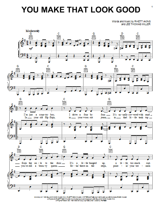 Learn to play Scotty McCreery You Make That Look Good sheet music for Piano, Vocal & Guitar Chords (Right-Hand Melody) in minutes. Price: 7.8900$ Scotty McCreery You Make That Look Good sheet music notes and chords arranged for Piano, Vocal & Guitar Chords (Right-Hand Melody)