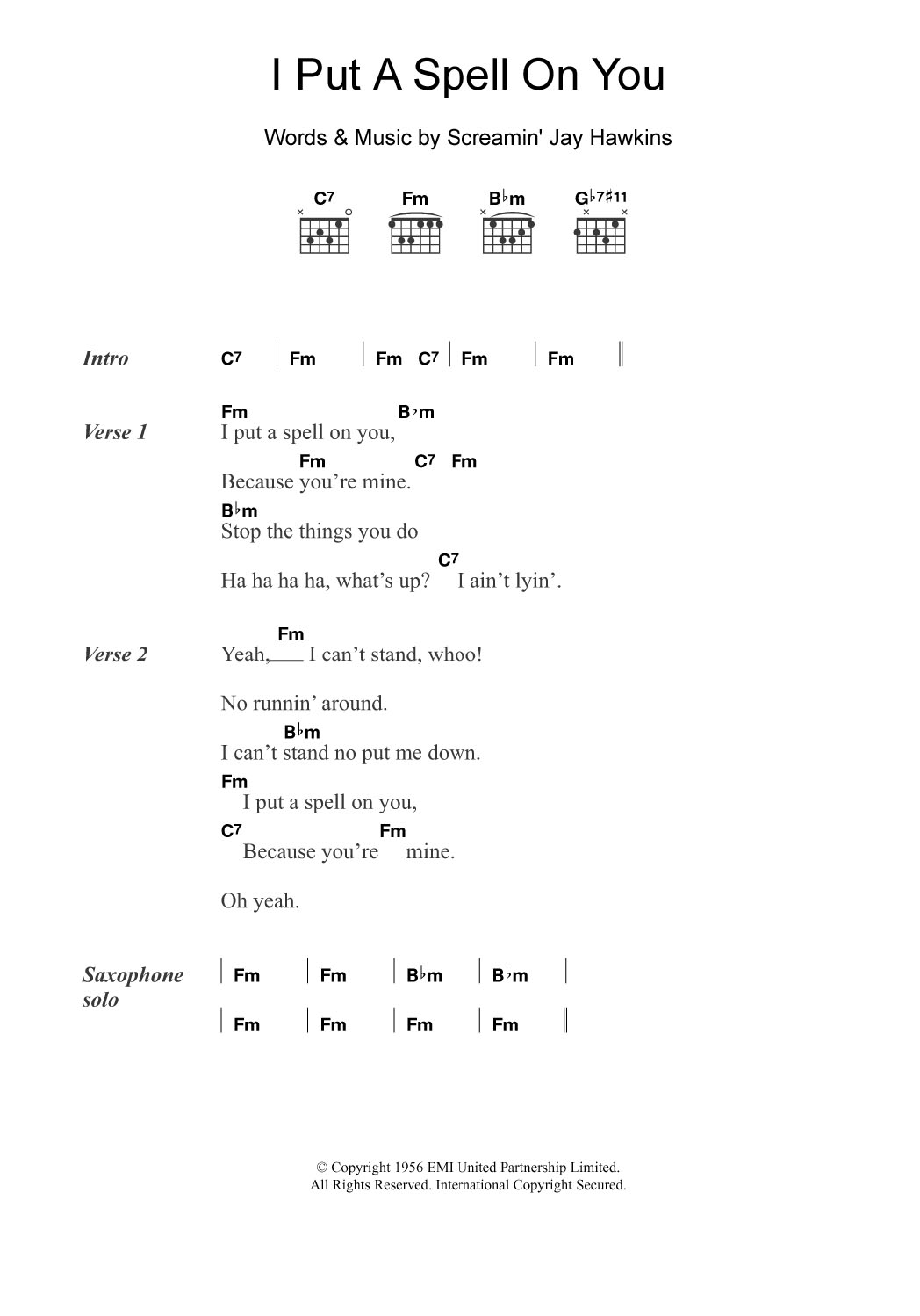 Screamin' Jay Hawkins I Put A Spell On You sheet music notes and chords. Download Printable PDF.