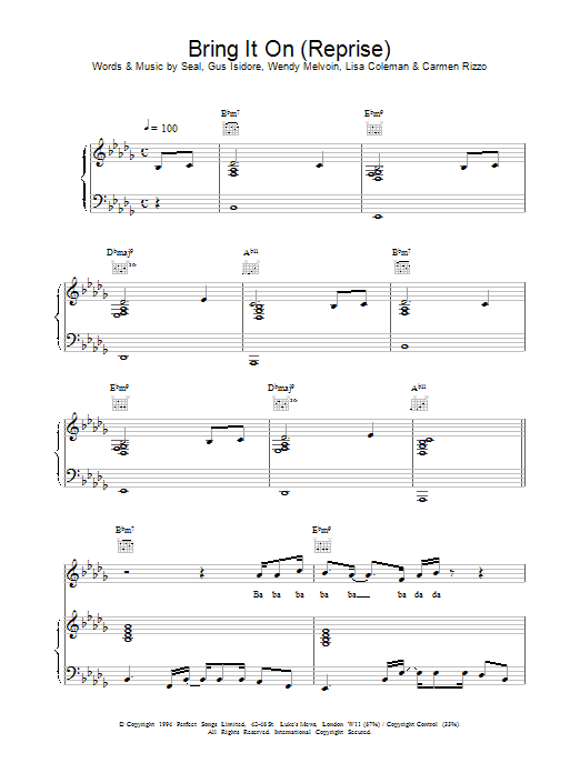 Learn to play Seal Bring It On (Reprise) sheet music for Piano, Vocal & Guitar Chords in minutes. Price: 7.8900$ Seal Bring It On (Reprise) sheet music notes and chords arranged for Piano, Vocal & Guitar Chords