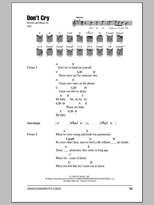 Seal Don't Cry sheet music notes and chords arranged for Piano, Vocal & Guitar Chords