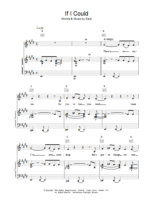 Learn to play Seal If I Could sheet music for Piano, Vocal & Guitar Chords in minutes. Price: 7.8900$ Seal If I Could sheet music notes and chords arranged for Piano, Vocal & Guitar Chords