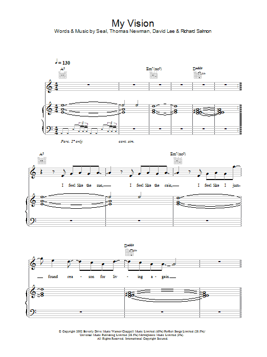 Learn to play Seal My Vision sheet music for Piano, Vocal & Guitar Chords in minutes. Price: 7.8900$ Seal My Vision sheet music notes and chords arranged for Piano, Vocal & Guitar Chords