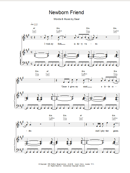 Learn to play Seal Newborn Friend sheet music for Piano, Vocal & Guitar Chords in minutes. Price: 7.8900$ Seal Newborn Friend sheet music notes and chords arranged for Piano, Vocal & Guitar Chords