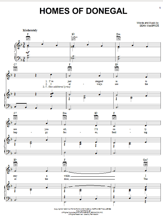 Learn to play Sean Macbride Homes Of Donegal sheet music for Piano, Vocal & Guitar Chords (Right-Hand Melody) in minutes. Price: 7.8900$ Sean Macbride Homes Of Donegal sheet music notes and chords arranged for Piano, Vocal & Guitar Chords (Right-Hand Melody)
