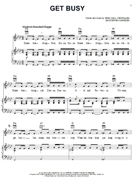Sean Paul Get Busy sheet music notes and chords arranged for Piano, Vocal & Guitar Chords (Right-Hand Melody)