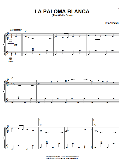 Sebastian Yradier La Paloma Blanca (The White Dove) sheet music notes and chords. Download Printable PDF.