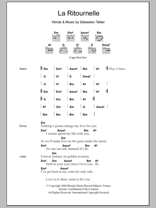 Learn to play Sébastien Tellier La Ritournelle sheet music for Guitar Chords/Lyrics in minutes. Price: 4.4900$ Sébastien Tellier La Ritournelle sheet music notes and chords arranged for Guitar Chords/Lyrics