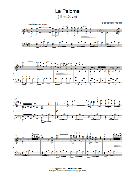 Learn to play Sebastian Yradier La Paloma sheet music for Piano Solo in minutes. Price: 7.8900$ Sebastian Yradier La Paloma sheet music notes and chords arranged for Piano Solo