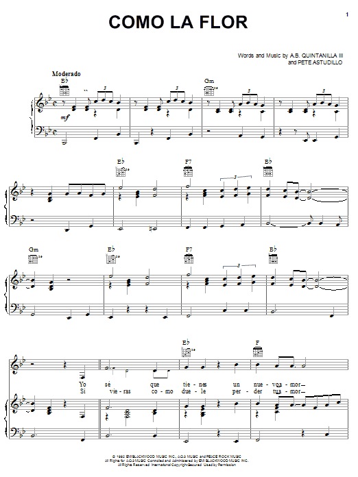 Learn to play Selena Como La Flor sheet music for Piano, Vocal & Guitar Chords (Right-Hand Melody) in minutes. Price: 7.8900$ Selena Como La Flor sheet music notes and chords arranged for Piano, Vocal & Guitar Chords (Right-Hand Melody)