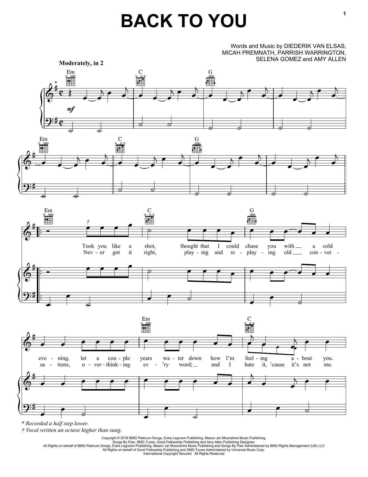 Selena Gomez Back To You (from 13 Reasons Why) sheet music notes and chords. Download Printable PDF.