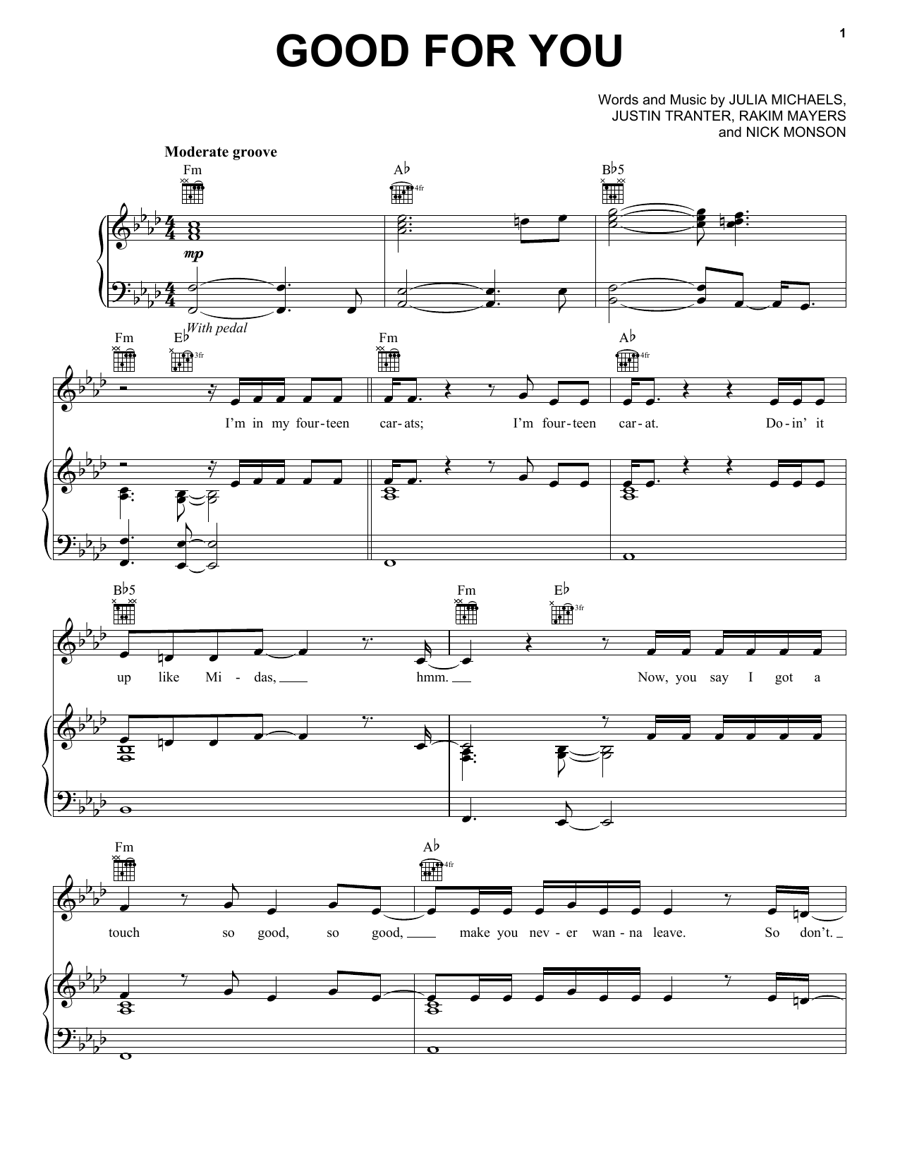 Selena Gomez Good For You sheet music notes and chords. Download Printable PDF.