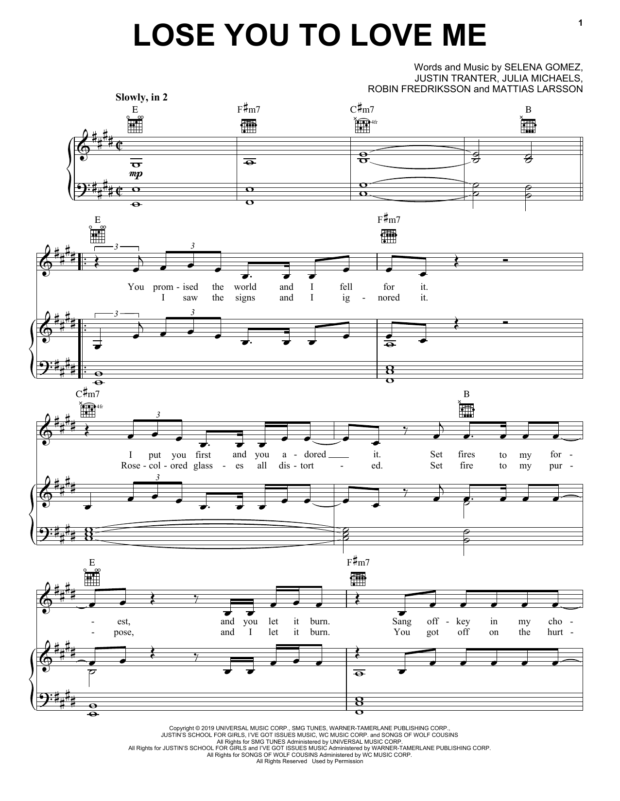 Selena Gomez Lose You To Love Me sheet music notes and chords. Download Printable PDF.