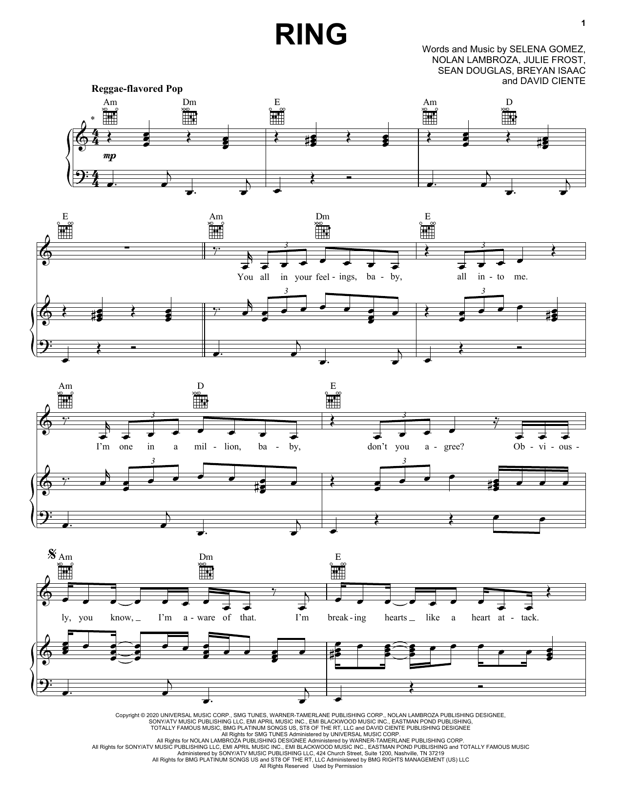 Learn to play Selena Gomez Ring sheet music for Piano, Vocal & Guitar Chords (Right-Hand Melody) in minutes. Price: 6.9900$ Selena Gomez Ring sheet music notes and chords arranged for Piano, Vocal & Guitar Chords (Right-Hand Melody)