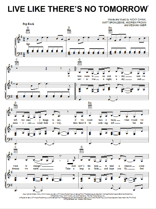 Selena Gomez & The Scene Live Like There's No Tomorrow sheet music notes and chords arranged for Piano, Vocal & Guitar Chords (Right-Hand Melody)