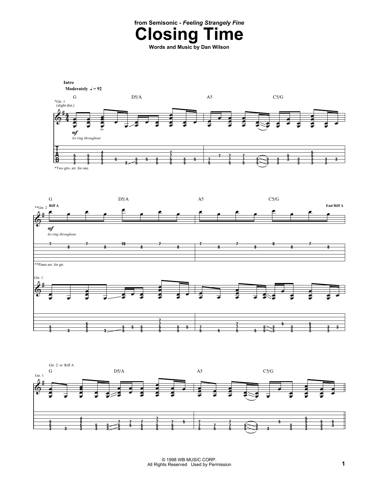 Semisonic Closing Time sheet music notes and chords. Download Printable PDF.