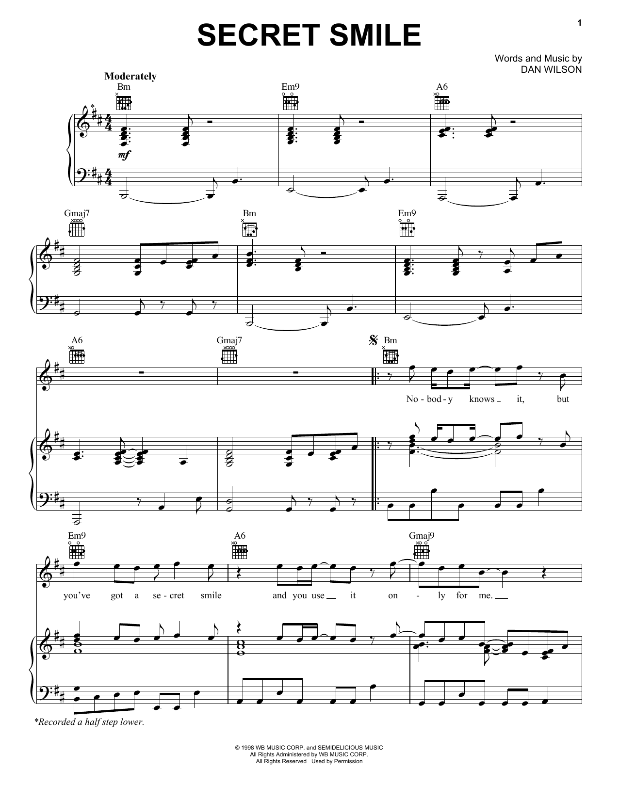Semisonic Secret Smile sheet music notes and chords arranged for Piano, Vocal & Guitar Chords (Right-Hand Melody)