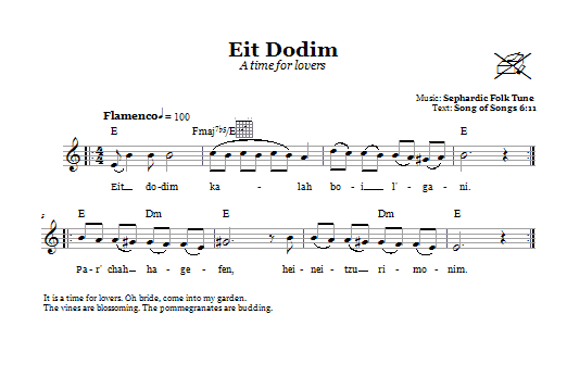Learn to play Sephardic Folk Tune Eit Dodim (A Time For Lovers) sheet music for Lead Sheet / Fake Book in minutes. Price: 5.9900$ Sephardic Folk Tune Eit Dodim (A Time For Lovers) sheet music notes and chords arranged for Lead Sheet / Fake Book