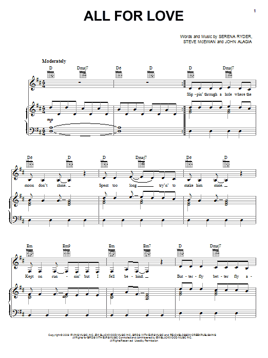 Learn to play Serena Ryder All For Love sheet music for Piano, Vocal & Guitar Chords (Right-Hand Melody) in minutes. Price: 7.8900$ Serena Ryder All For Love sheet music notes and chords arranged for Piano, Vocal & Guitar Chords (Right-Hand Melody)