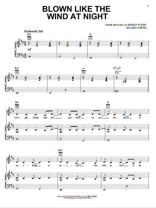 Learn to play Serena Ryder Blown Like The Wind At Night sheet music for Piano, Vocal & Guitar Chords (Right-Hand Melody) in minutes. Price: 7.8900$ Serena Ryder Blown Like The Wind At Night sheet music notes and chords arranged for Piano, Vocal & Guitar Chords (Right-Hand Melody)