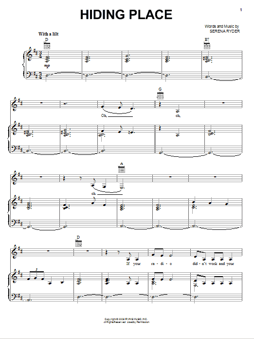 Learn to play Serena Ryder Hiding Place sheet music for Piano, Vocal & Guitar Chords (Right-Hand Melody) in minutes. Price: 7.8900$ Serena Ryder Hiding Place sheet music notes and chords arranged for Piano, Vocal & Guitar Chords (Right-Hand Melody)