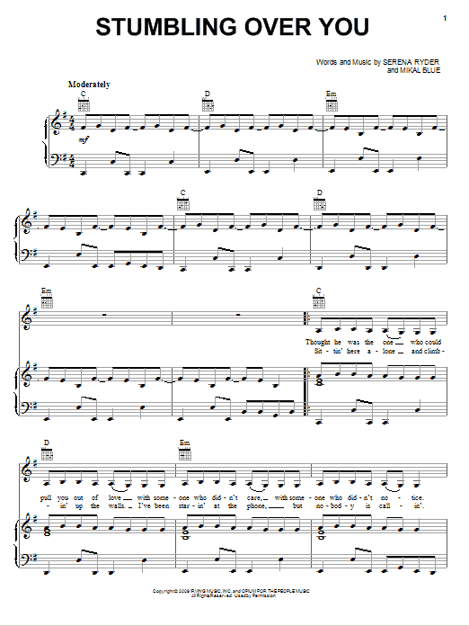 Learn to play Serena Ryder Stumbling Over You sheet music for Piano, Vocal & Guitar Chords (Right-Hand Melody) in minutes. Price: 7.8900$ Serena Ryder Stumbling Over You sheet music notes and chords arranged for Piano, Vocal & Guitar Chords (Right-Hand Melody)