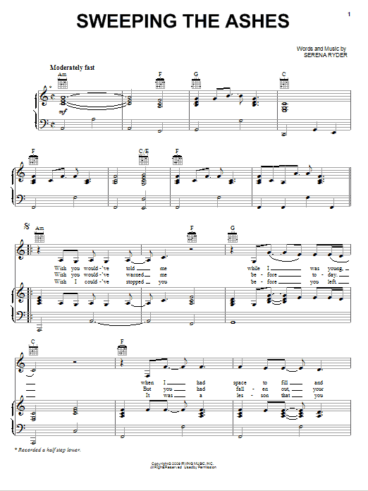 Learn to play Serena Ryder Sweeping The Ashes sheet music for Piano, Vocal & Guitar Chords (Right-Hand Melody) in minutes. Price: 7.8900$ Serena Ryder Sweeping The Ashes sheet music notes and chords arranged for Piano, Vocal & Guitar Chords (Right-Hand Melody)