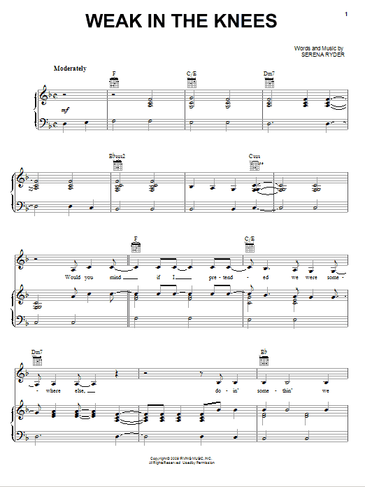 Learn to play Serena Ryder Weak In The Knees sheet music for Piano, Vocal & Guitar Chords (Right-Hand Melody) in minutes. Price: 7.8900$ Serena Ryder Weak In The Knees sheet music notes and chords arranged for Piano, Vocal & Guitar Chords (Right-Hand Melody)