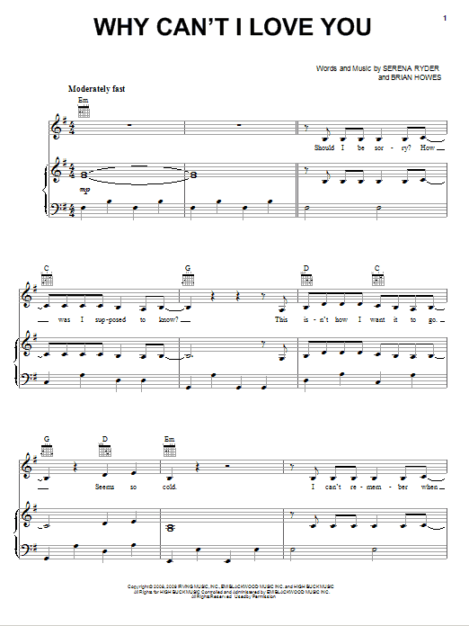 Learn to play Serena Ryder Why Can't I Love You sheet music for Piano, Vocal & Guitar Chords (Right-Hand Melody) in minutes. Price: 7.8900$ Serena Ryder Why Can't I Love You sheet music notes and chords arranged for Piano, Vocal & Guitar Chords (Right-Hand Melody)
