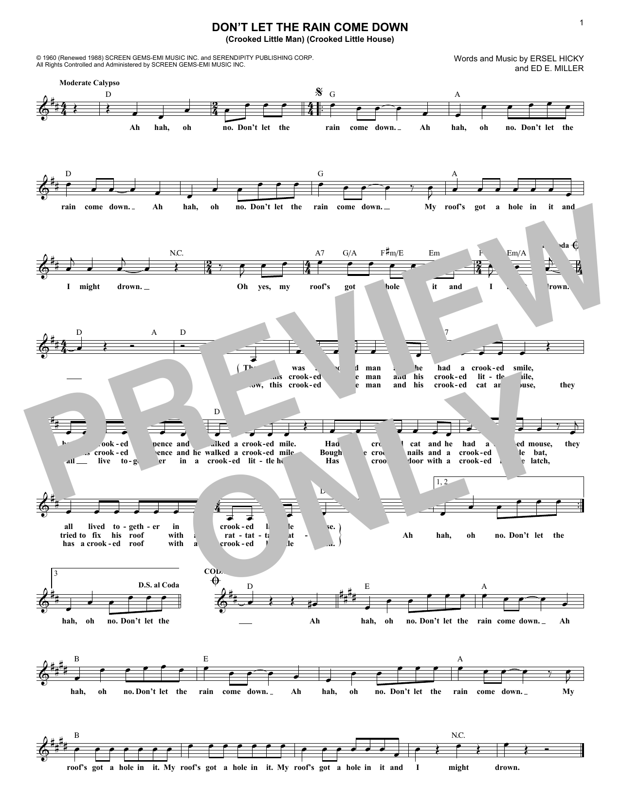 Serendipity Singers Don't Let The Rain Come Down (Crooked Little Man) (Crooked Little House) sheet music notes and chords. Download Printable PDF.