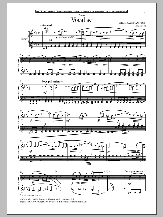 Serge Rachmaninoff Vocalise sheet music notes and chords. Download Printable PDF.