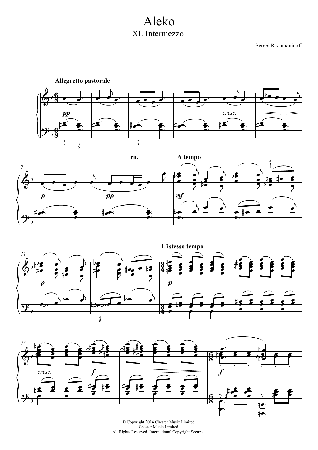 Sergei Rachmaninoff Aleko - No.11 Intermezzo sheet music notes and chords arranged for Piano Solo