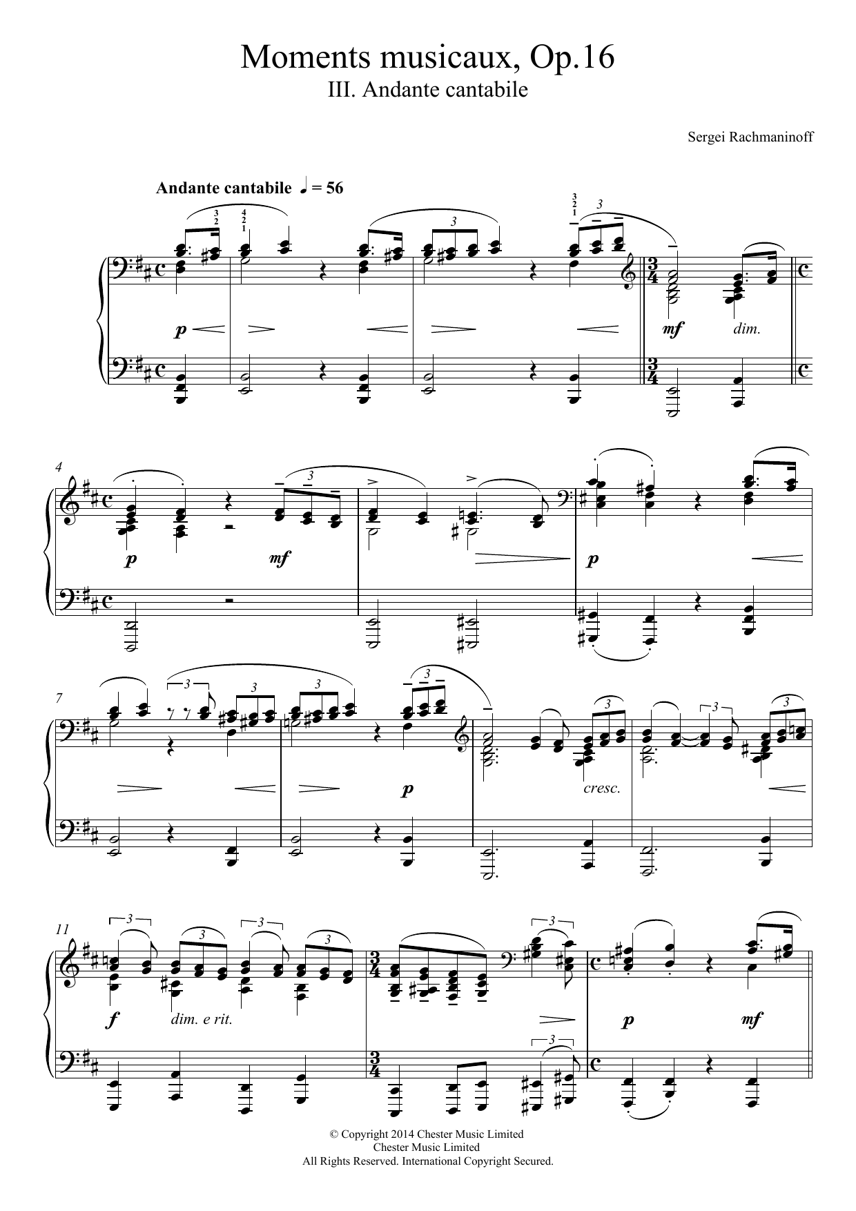 Sergei Rachmaninoff Moments musicaux Op.16, No.3 Andante cantabile sheet music notes and chords. Download Printable PDF.