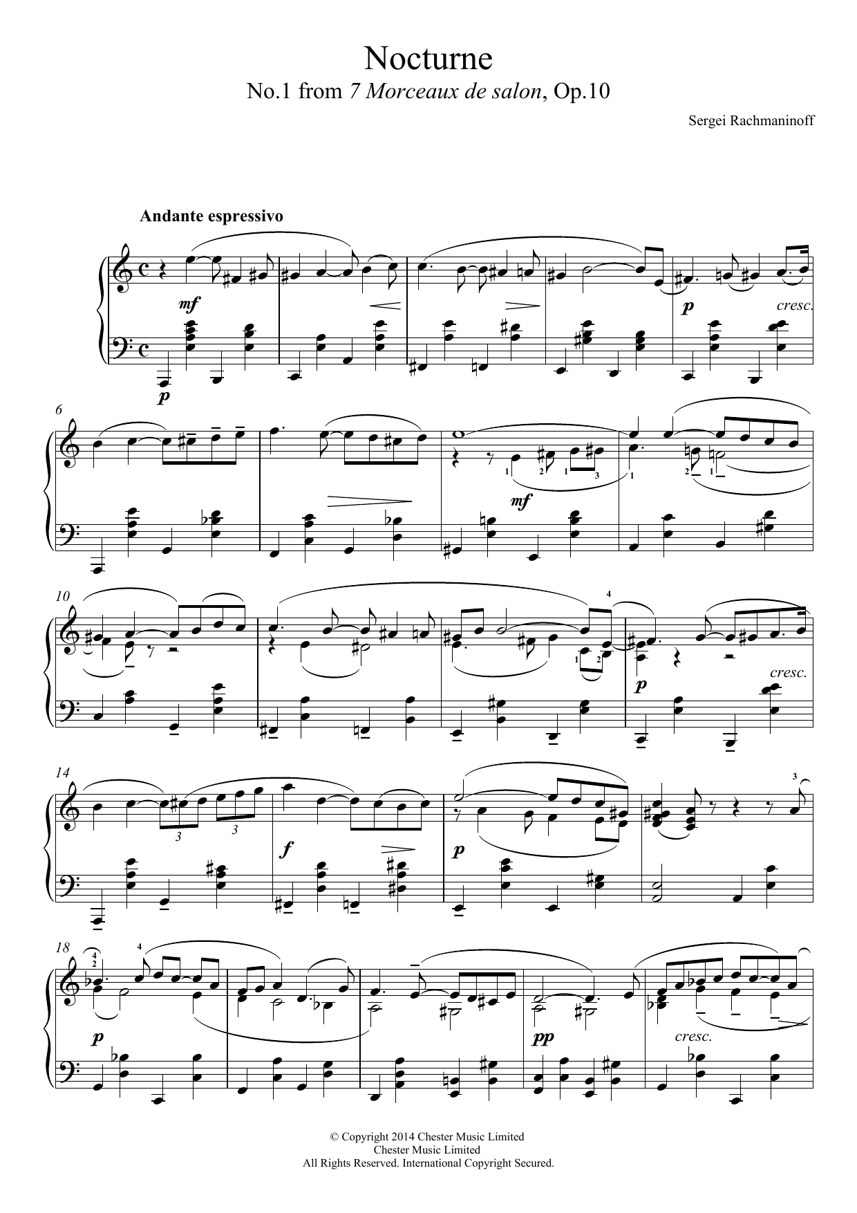 Sergei Rachmaninoff Nocturne (No.1 from 7 Morceaux de salon, Op.10) sheet music notes and chords arranged for Easy Piano