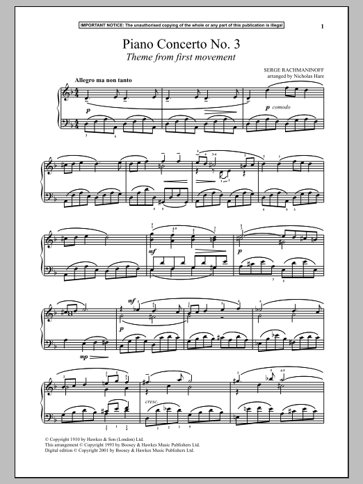 Sergei Rachmaninoff Piano Concerto No. 3, (First Movement Theme) sheet music notes and chords. Download Printable PDF.