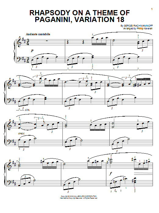 Sergei Rachmaninoff Rhapsody On A Theme Of Paganini, Variation XVIII sheet music notes and chords. Download Printable PDF.