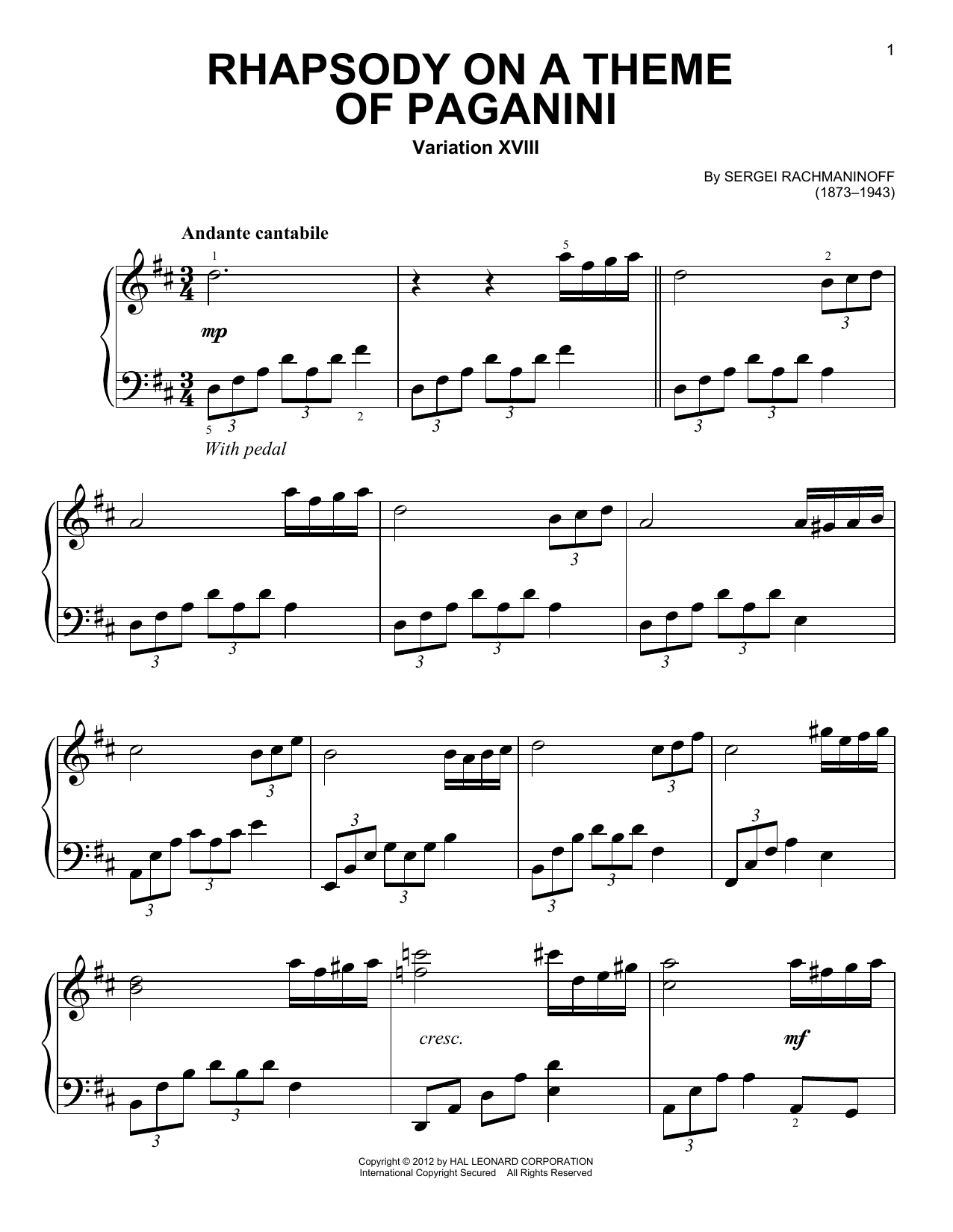 Sergei Rachmaninoff Rhapsody On A Theme Of Paganini, Variation XVIII sheet music notes and chords arranged for Piano Solo