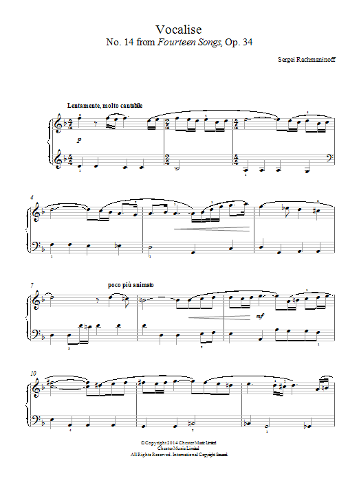 Sergei Rachmaninoff Vocalise (No.14 from Fourteen Songs, Op.34) sheet music notes and chords. Download Printable PDF.