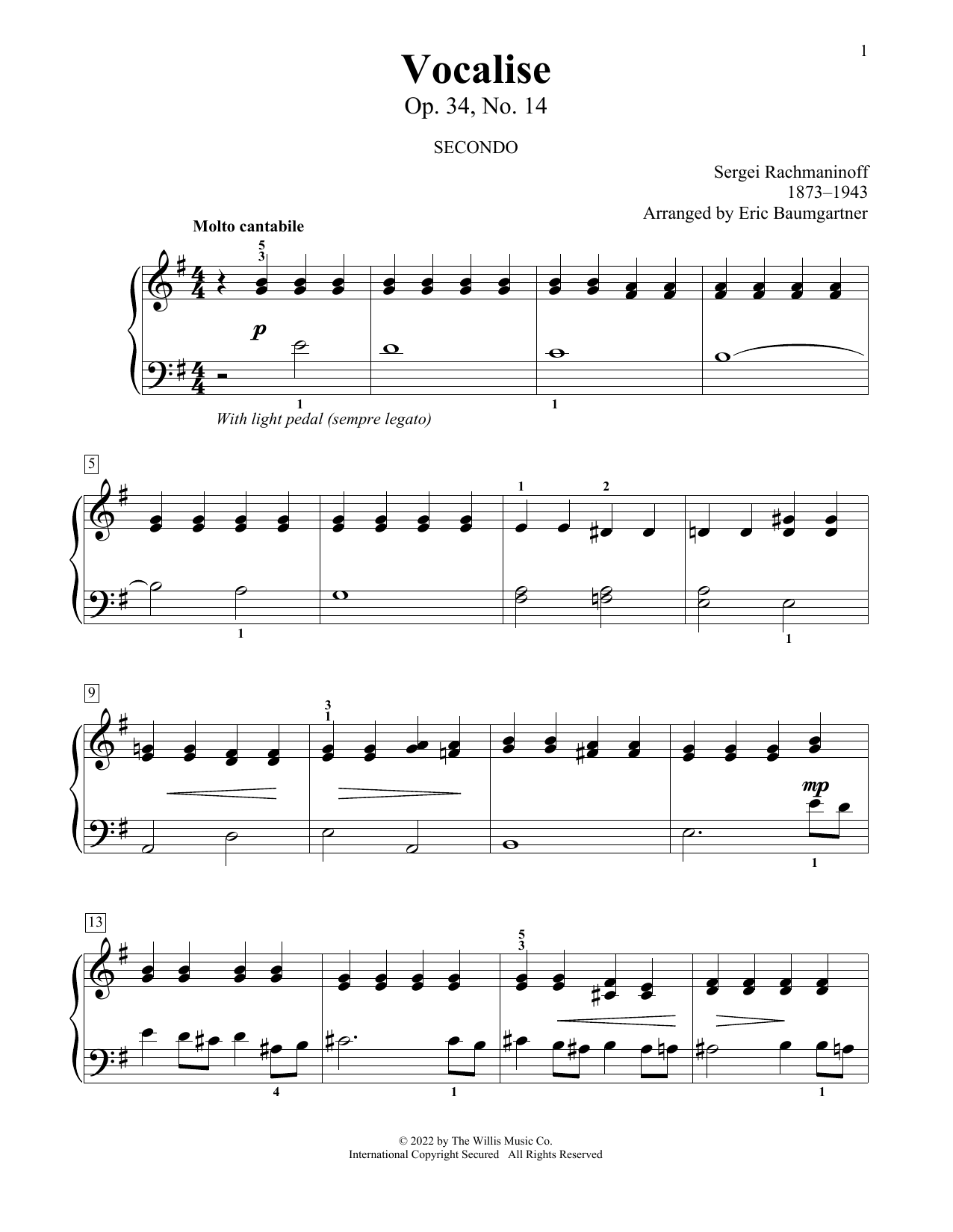 Sergei Rachmaninoff Vocalise, Op. 34, No. 14 (arr. Eric Baumgartner) sheet music notes and chords. Download Printable PDF.