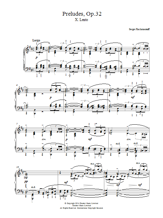 Learn to play Sergei Rachmaninoff Preludes Op.32, No.10 Lento sheet music for Piano Solo in minutes. Price: 7.8900$ Sergei Rachmaninoff Preludes Op.32, No.10 Lento sheet music notes and chords arranged for Piano Solo