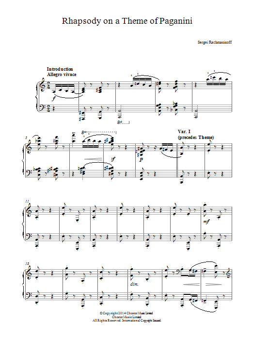 Sergei Rachmaninoff Rhapsody on a Theme of Paganini sheet music notes and chords arranged for Piano Solo