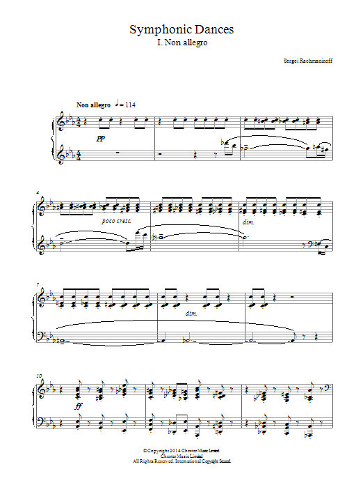 Learn to play Sergei Rachmaninoff Symphonic Dances - 1st Movement sheet music for Piano Solo in minutes. Price: 7.8900$ Sergei Rachmaninoff Symphonic Dances - 1st Movement sheet music notes and chords arranged for Piano Solo