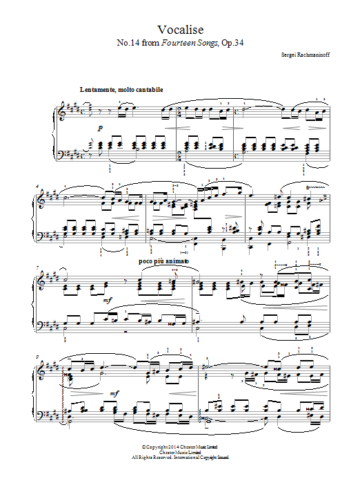 Learn to play Sergei Rachmaninoff Vocalise (No.14 from Fourteen Songs, Op.34) sheet music for Piano Solo in minutes. Price: 7.8900$ Sergei Rachmaninoff Vocalise (No.14 from Fourteen Songs, Op.34) sheet music notes and chords arranged for Piano Solo