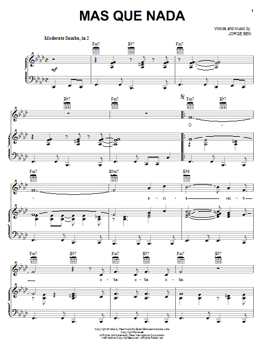 Sergio Mendes Mas Que Nada sheet music notes and chords. Download Printable PDF.