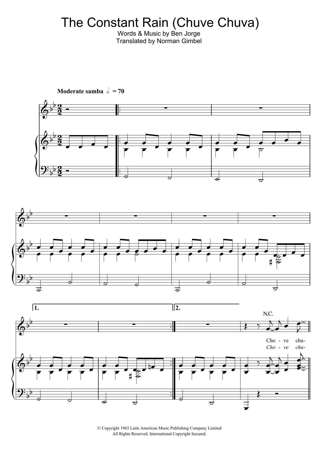 Learn to play Sergio Mendes The Constant Rain (Chove Chuva) sheet music for Piano, Vocal & Guitar Chords in minutes. Price: 7.8900$ Sergio Mendes The Constant Rain (Chove Chuva) sheet music notes and chords arranged for Piano, Vocal & Guitar Chords