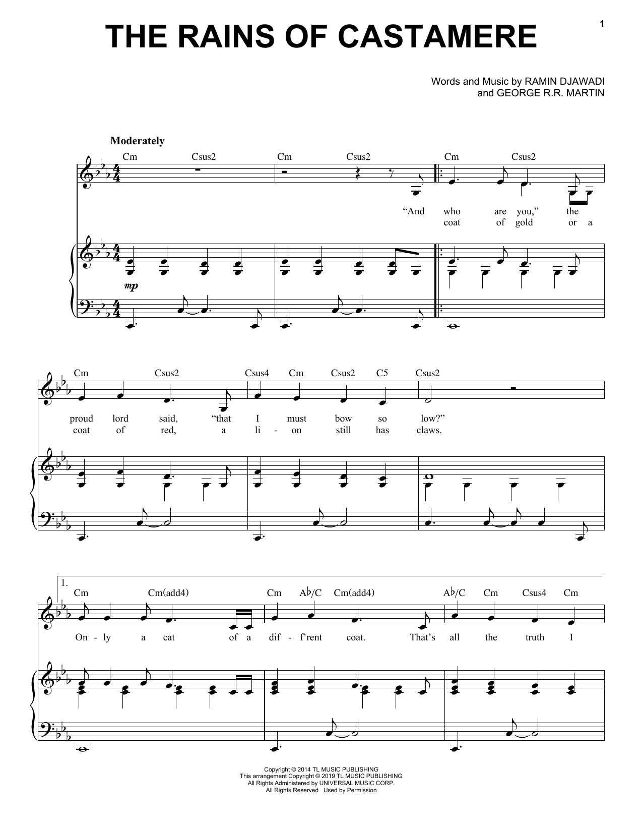 Serj Tankian The Rains Of Castamere (from Game of Thrones) sheet music notes and chords. Download Printable PDF.