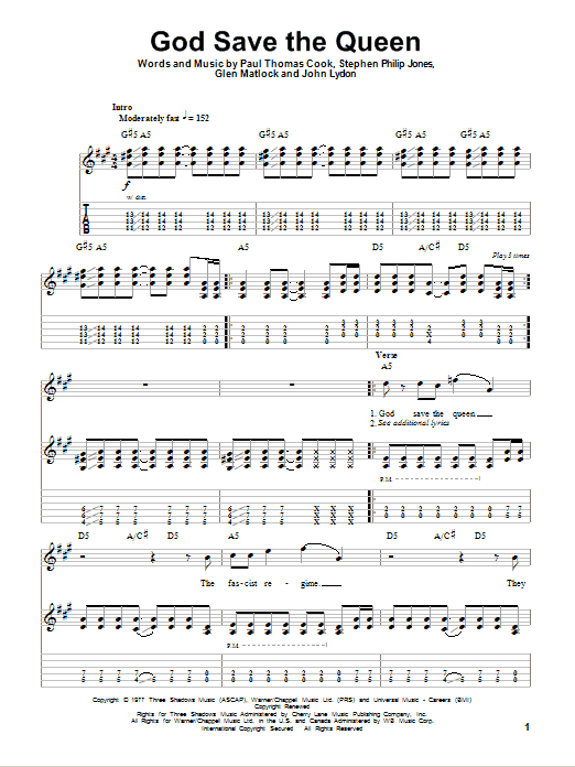 Sex Pistols God Save The Queen sheet music notes and chords. Download Printable PDF.